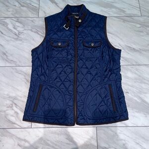 Banana Republic Navy Quilted Equestrian Vest with Brown Accents